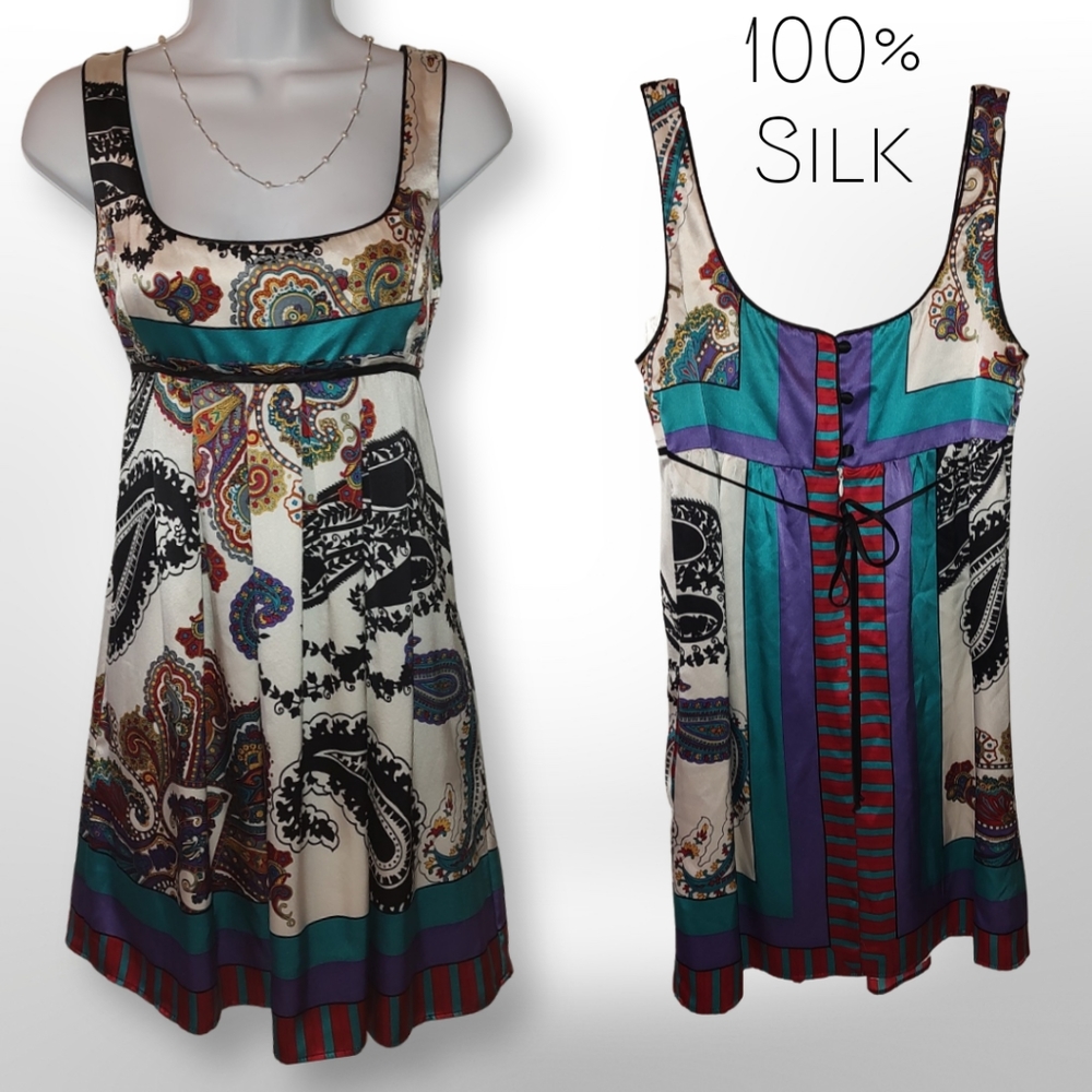 Single Dress Y2K Style 100% Silk Mini Dress, Size M, White Turquoise, Pu…